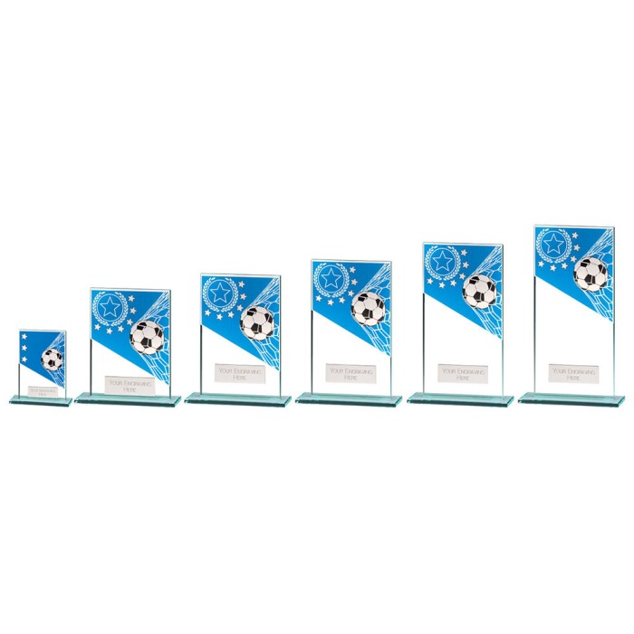 MUSTANG BLUE/SILVER FOOTBALL GLASS TROPHY -  6 SIZES - 8CM - 18CM